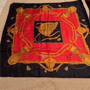 Vintage Equestrian Saddle Scarf Large Square Red Gold Horse Tack Print